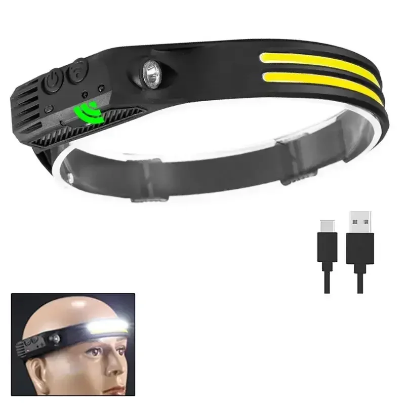 مصباح رأس LED عالي القوة مع مستشعر حركة، قابل لإعادة الشحن عبر USB مع بطارية مدمجة، مقاوم للماء، مناسب للتخييم والاستخدام الخارجي