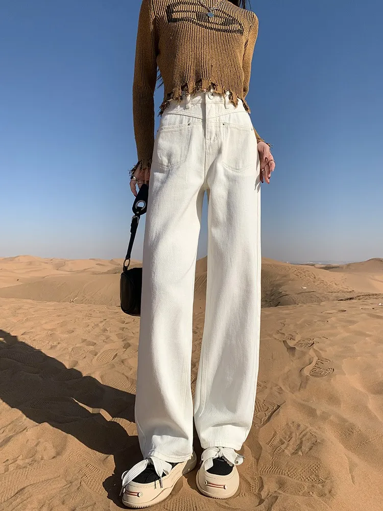 

GUUZYUVIZ Autumn and Winter Thickened and Velvet Insulated High Waist Wide Leg Jeans for Women Loose White Apricot Fleece Denim