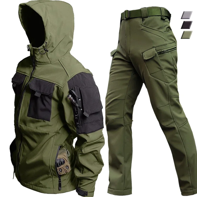 Winter Outdoor Waterproof Suits Men Tactical Windproof Hooded Jacket Fleece Warm Pants Multi-pocket  Thermal Sets Autumn 3