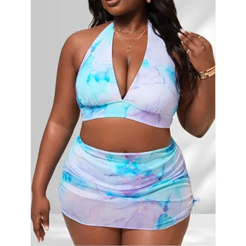 Plus Size Sexy Women Tie Dye Summer Bikini Set Halter Bra High Waisted Bottom & Beach Skirt 3-Piece Swimsuit