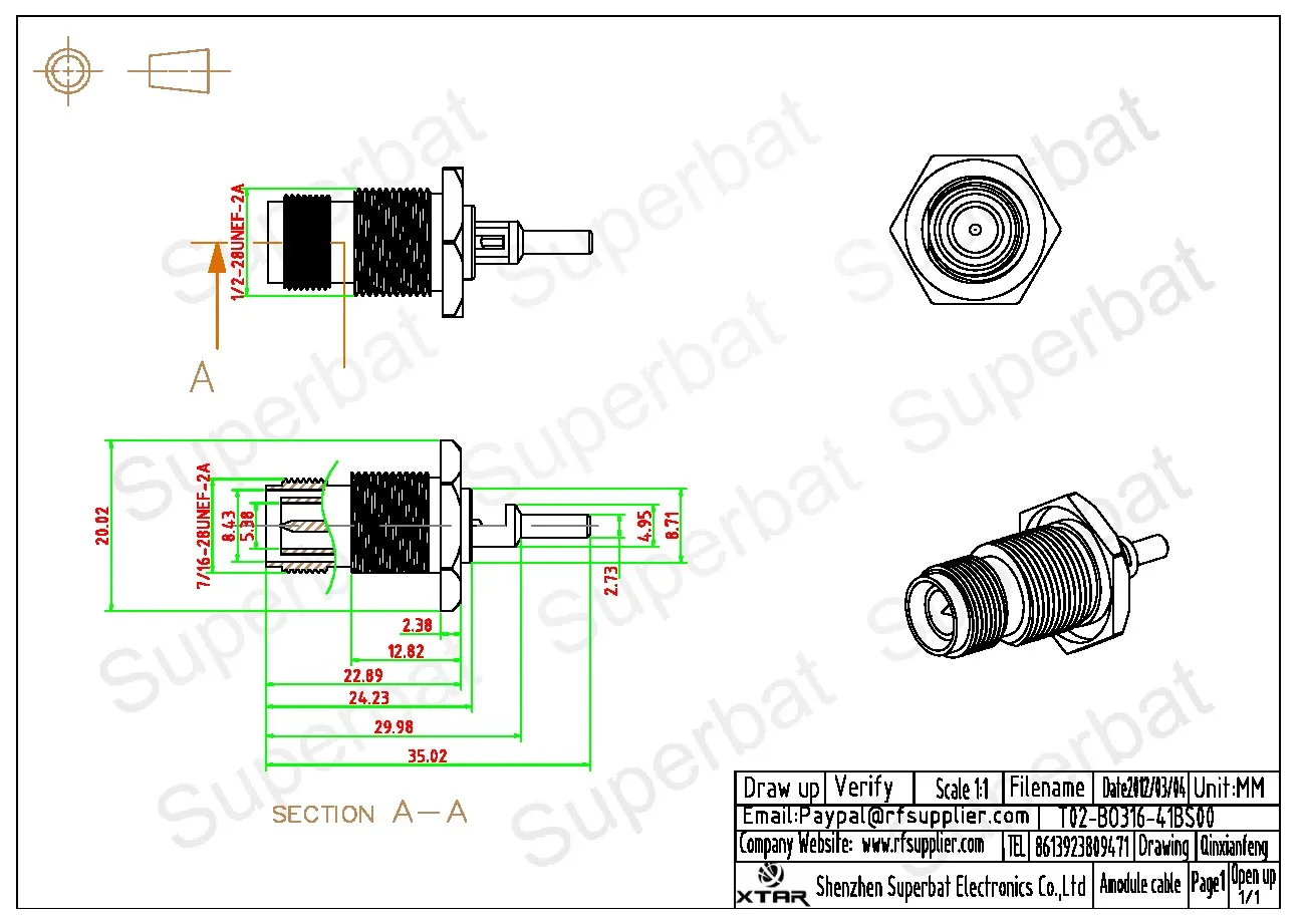 Superbat RP-TNC Crimp Female/Male Pin Bulkhead with O-Ring RF Coaxial Connector for Cables RG174 RG178 RG316 LMR100 1.13mm 1.37m