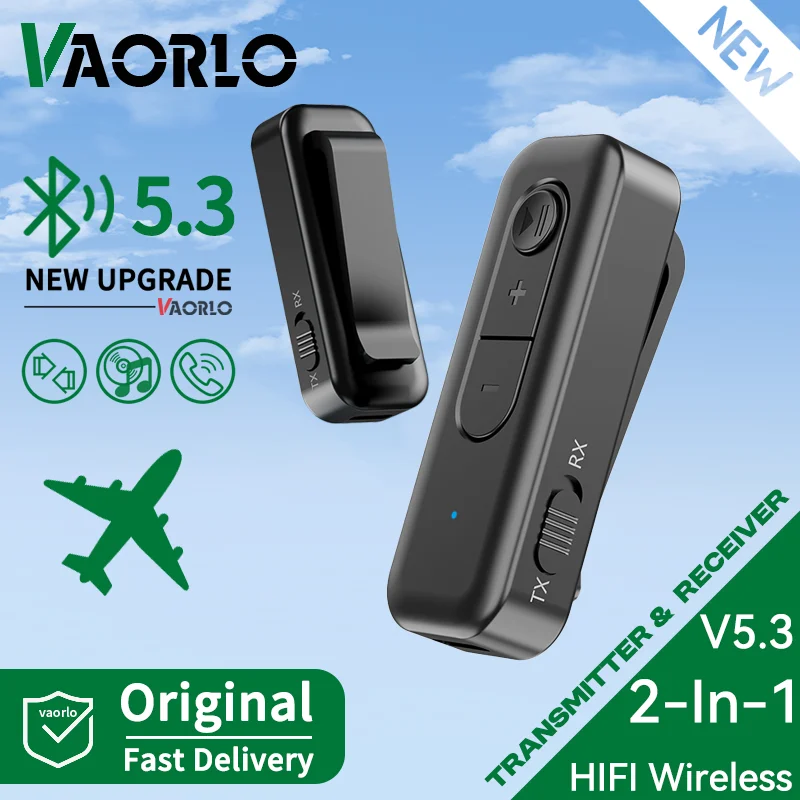 2-In-1 Bluetooth 5.3 Audio Transmitter Receiver 3.5MM AUX Collar-Clip With MIC Wireless Adapter For Car Airplane TV PC