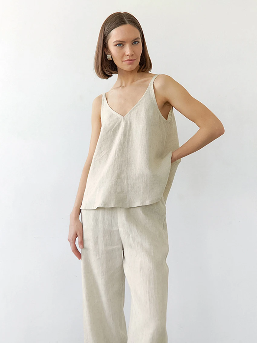 Marthaqiqi Sexy Women Sleepwear 2 Piece Suit Spaghetti Strap Pajamas Backless Nightwear Wide Leg Pants Loose Femme Home Clothes