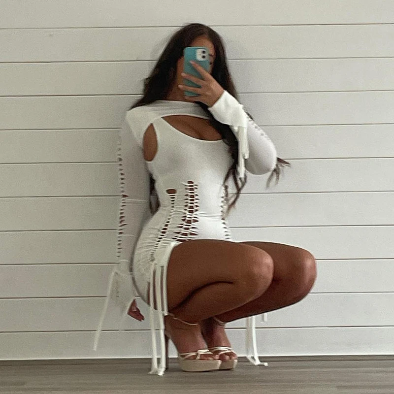 

Women's Lace-Up Backless Bodycon Mini Dress with Hollow Woven Details and Long Sleeves for Party and Clubwear in 2023