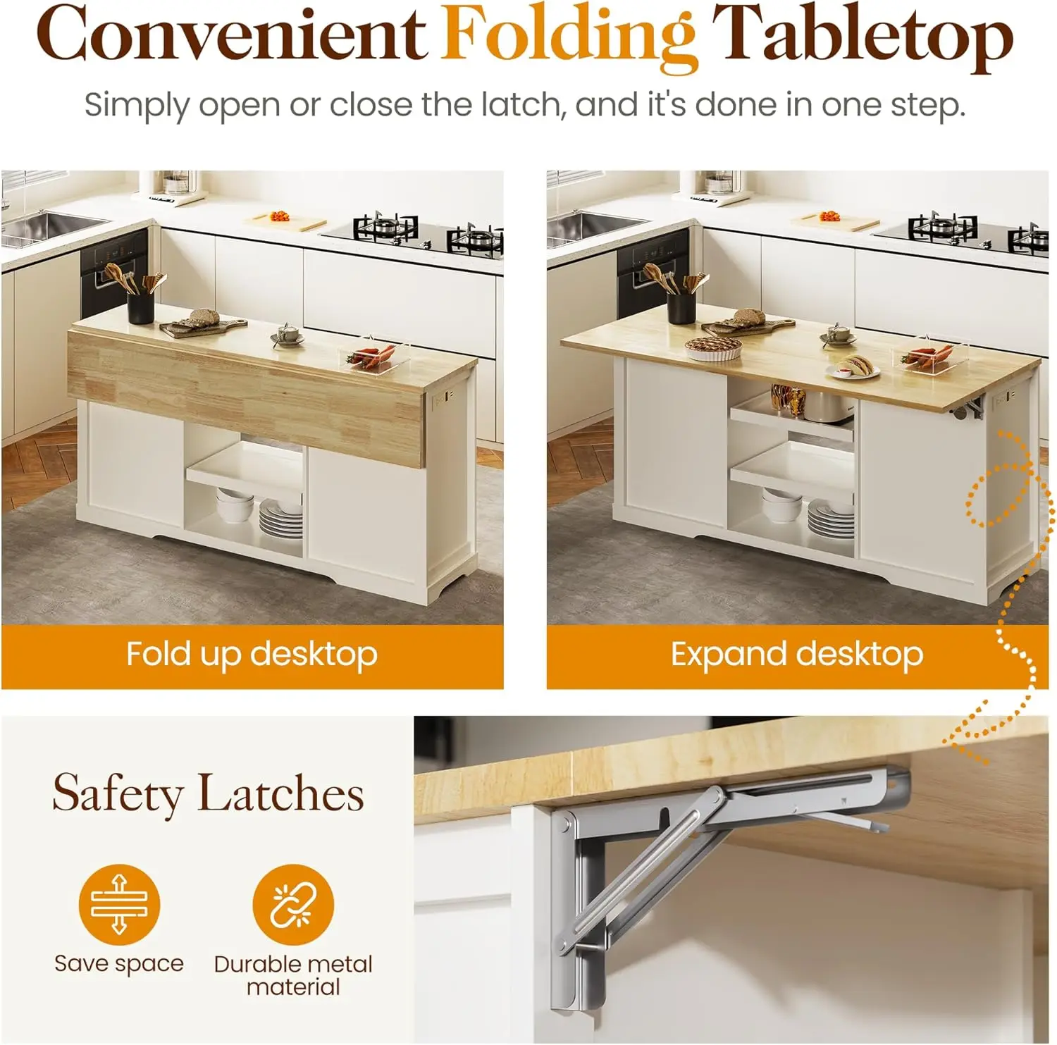 59 Inch Large Kitchen Island with Power Outlet, Farmhouse Thick Table Top Drawer, Organized Storage Space with Rubber Wood 5