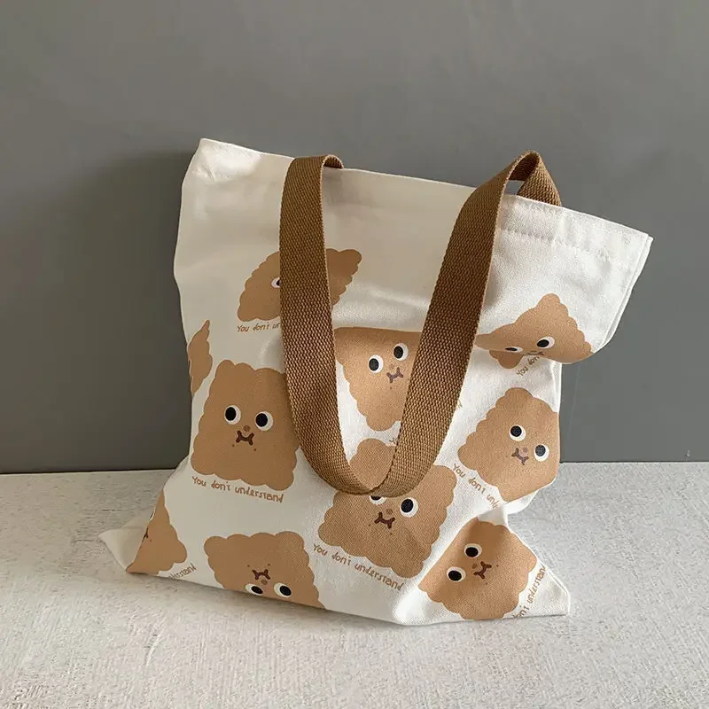 Cute Cartoon Print Ladies Casual Handbag Tote Bag Women Canvas Shoulder Bag Large Capacity Cotton Reusable Portable Schoolbag