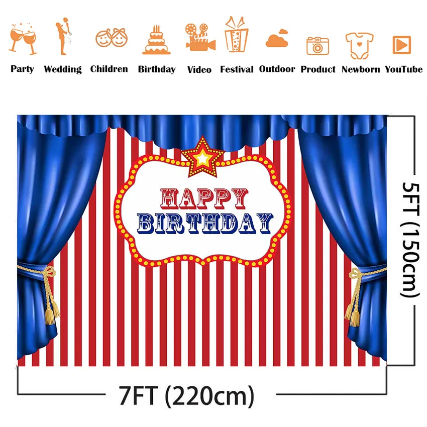 Circus birthday party backdrop blue curtrain photo background studio white and red stripe Circus tent birthday photocall