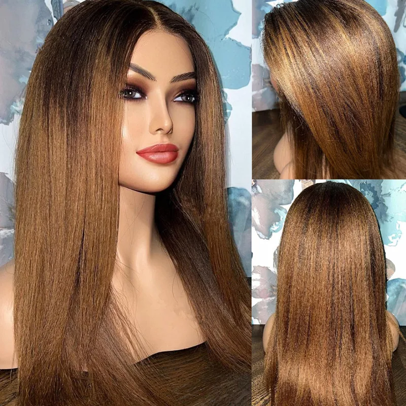 

Yaki Ombre Brown Blonde 30Inch Long Kinky Straight Lace Front Wig For Black Women Baby Hair Synthetic Preplucked Glueless Daily
