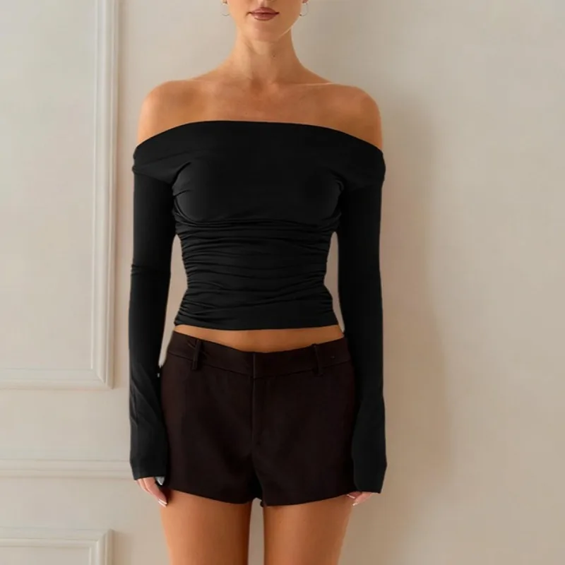 New Fashion Spring Autumn Women's One-word Collar Off-shoulder Long-sleeved T-shirt Solid Color Slim-fitting Waist Short Blouse
