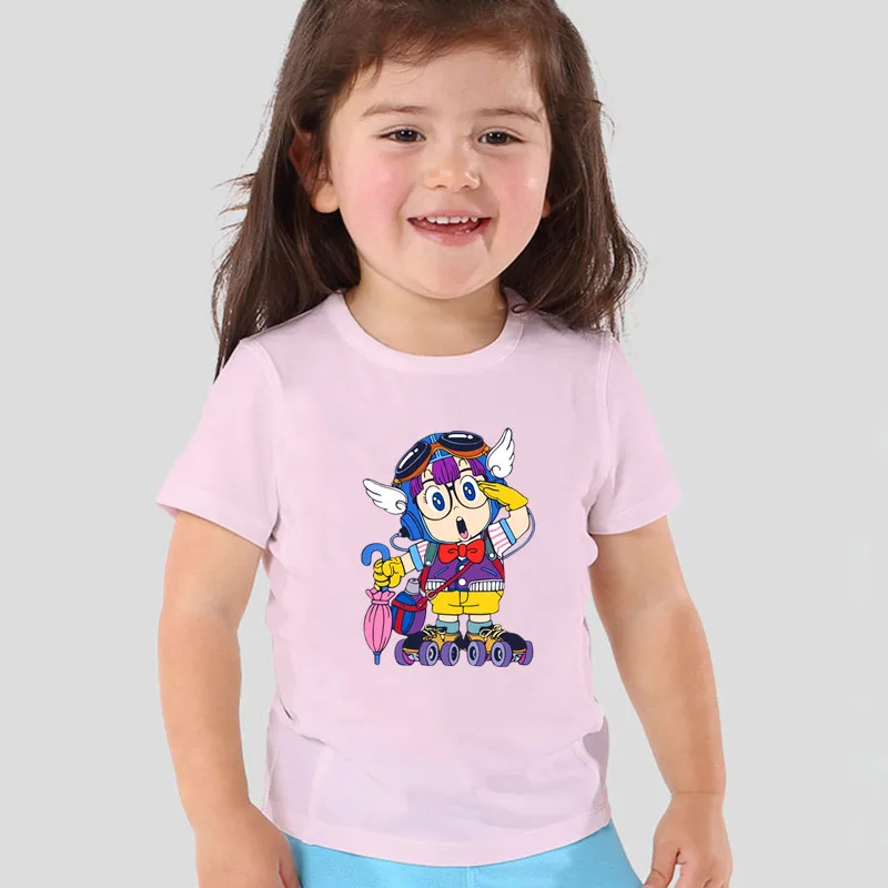 

Одежда для девочек, детские смешные футболки с милым рисунком аниме Arale, летние хлопковые футболки с коротким рукавом для малышей, топы, футболки для мальчиков