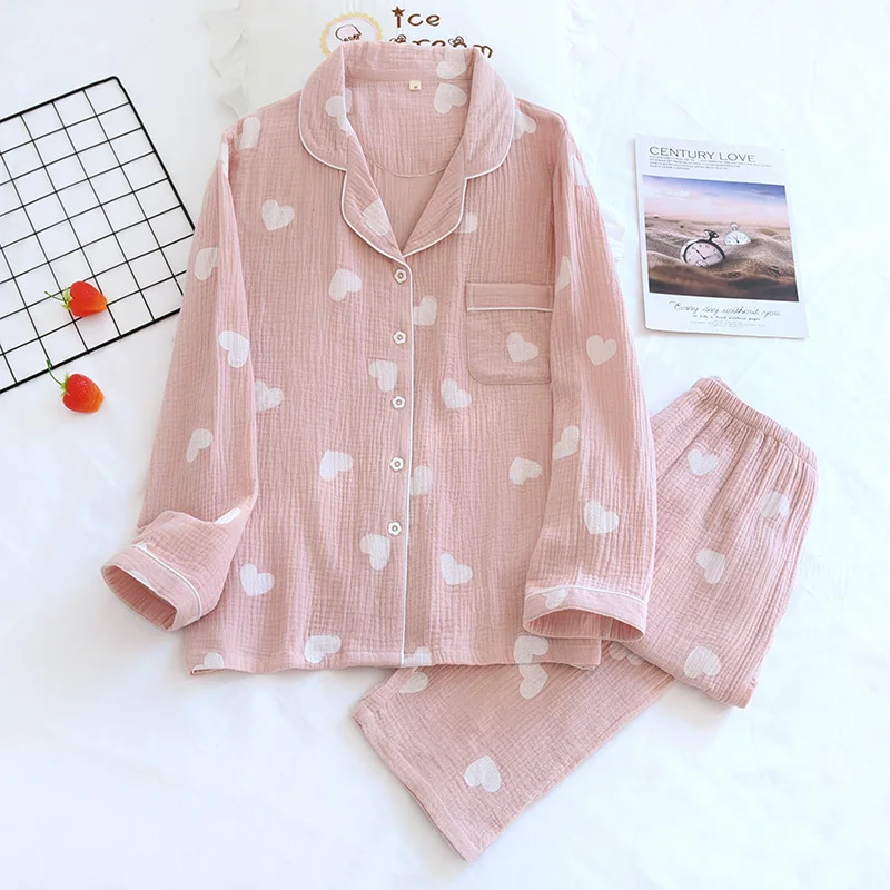 

Pajamas for Women Cotton Gauze Crepe Two Piece Set Long Sleeve Single-breasted V-neck Cardigan Trousers Sleepwear Pijama Female