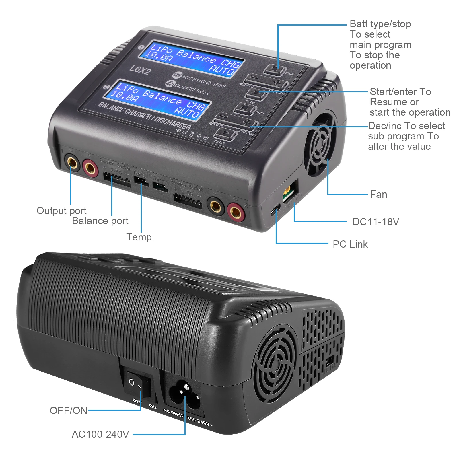 HTRC DUO AC 150W/DC 240W Chargeur Double Canal 10A pour LiPo LiHV LiFe NiMH Pb