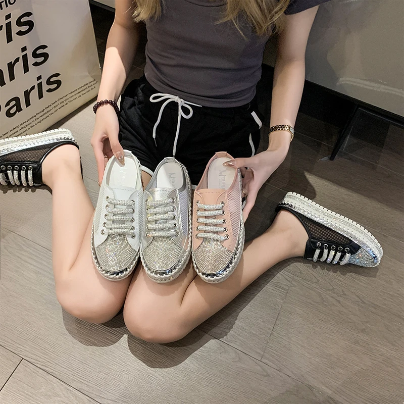 Women Crystal Shoes 2023 Spring Fashion Bing Lace Up Ladies Casual Shoes Comfortable Round Toe Platform Sneakers White Shoes