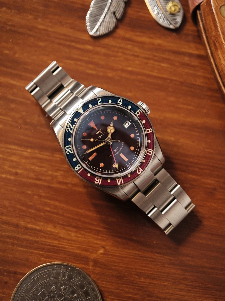 Antique Style GMT Dual Time Vintage Mechanical Watch Pepsi Circle