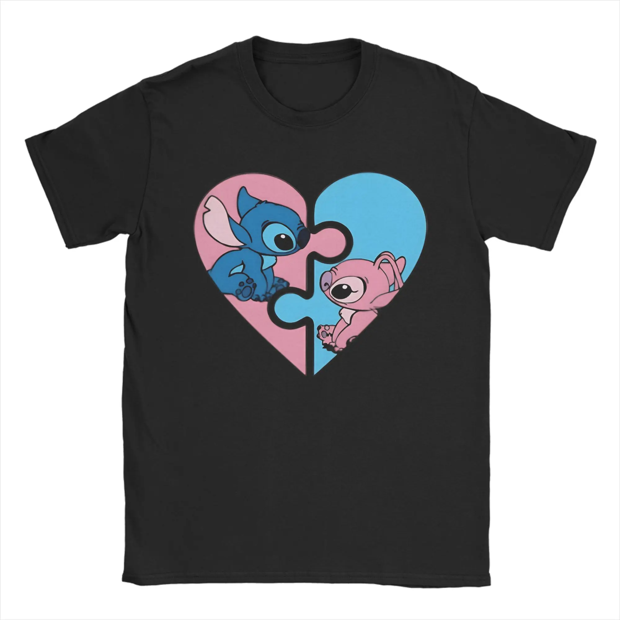 Herren-T-Shirt mit niedlichem Alien-Paar-Puzzle-Herz-Clipart, Valentinstag-Liebes-T-Shirt, reine Baumwolle, Vintage-Kurzarm-Rundhals-T-Shirt, Geschenkidee