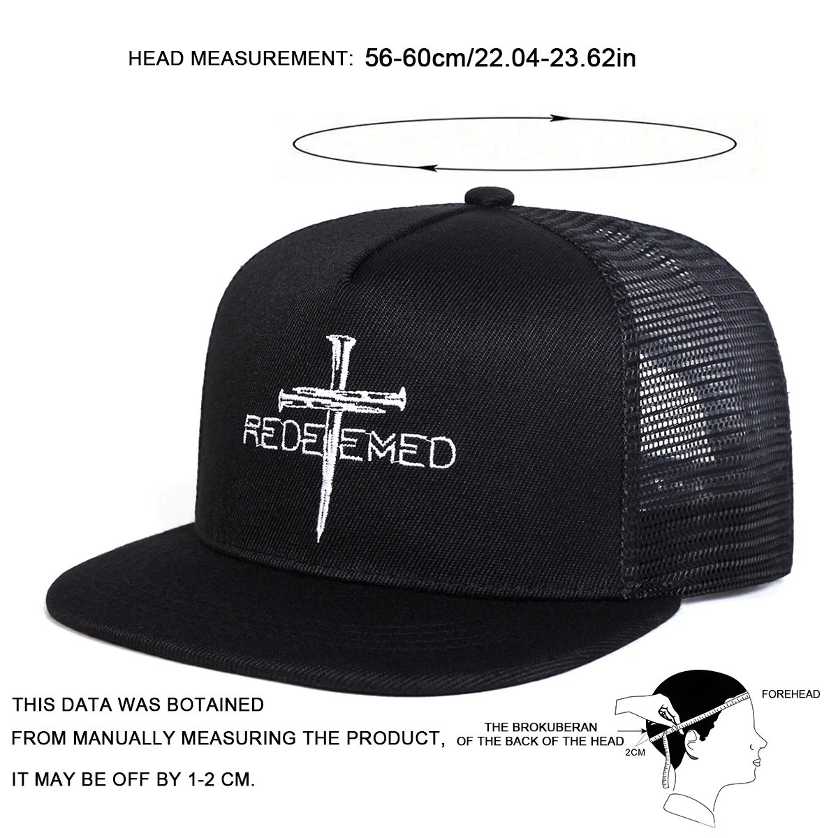 Unisex REDEEMED Hip-Hop-Netzhüte mit Kreuzstickerei, für Frühling und Sommer, für den Außenbereich, verstellbar, lässige Baseballkappen, Sonnenschutzhut, Sportkappe – Detail 5