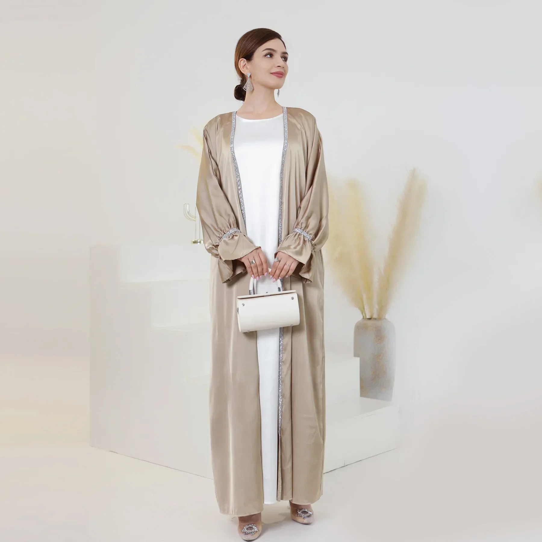 Satin Open Abaya Kimono with Inner Dress Set Flared Sleeve Beads Muslim Abayas for Women Dubai Luxury Turkey Islam Outfit Kaftan