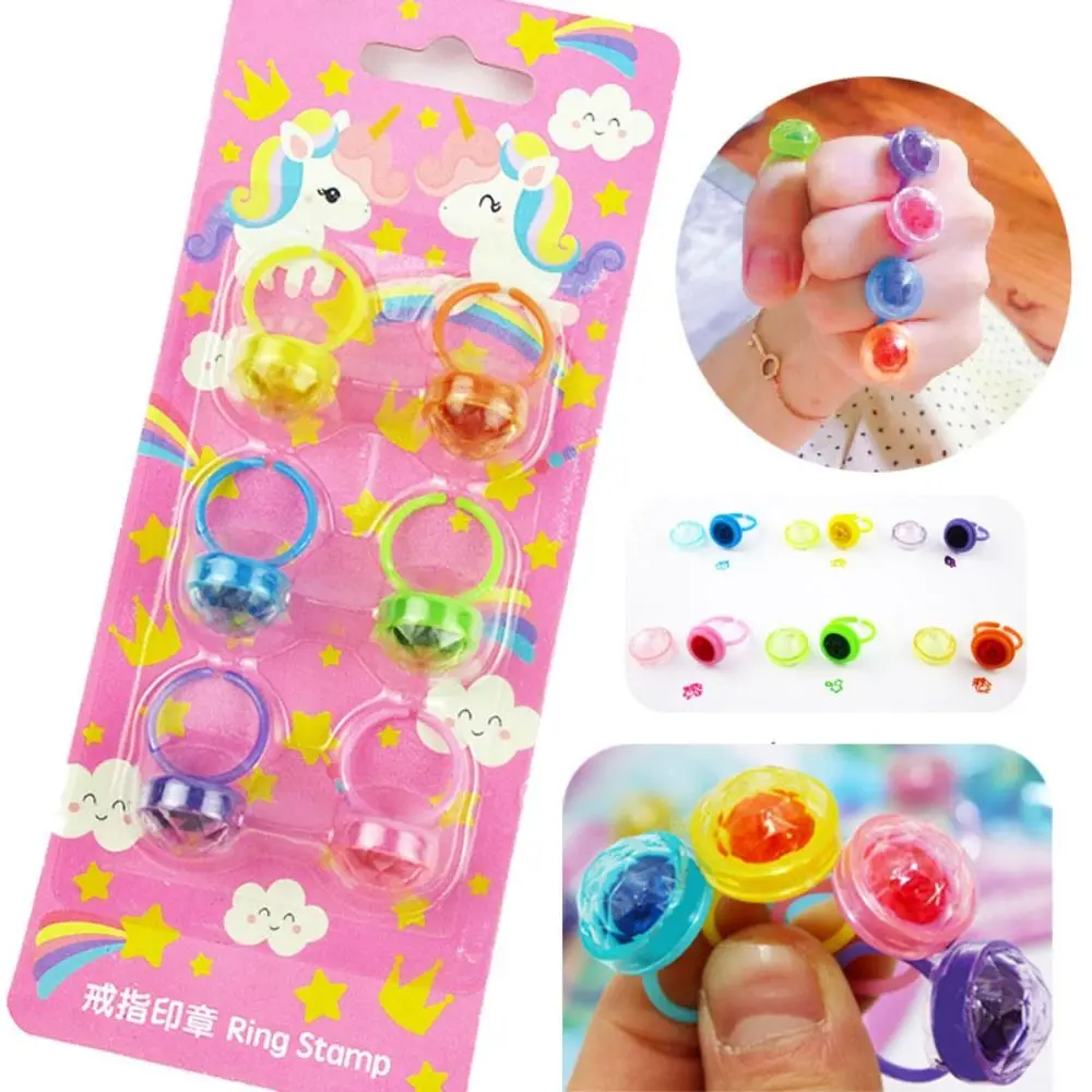 

6pcs Self Inking Sealing Girl Favors Diamond Rings Ink Pad Cartoon Ring Stamps Funny Toy Reward Children