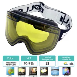 Magnetic Polarized Anti-Fog Ski Goggles with UV400 Protection and Eyewear Case (Black Yellow Lens)