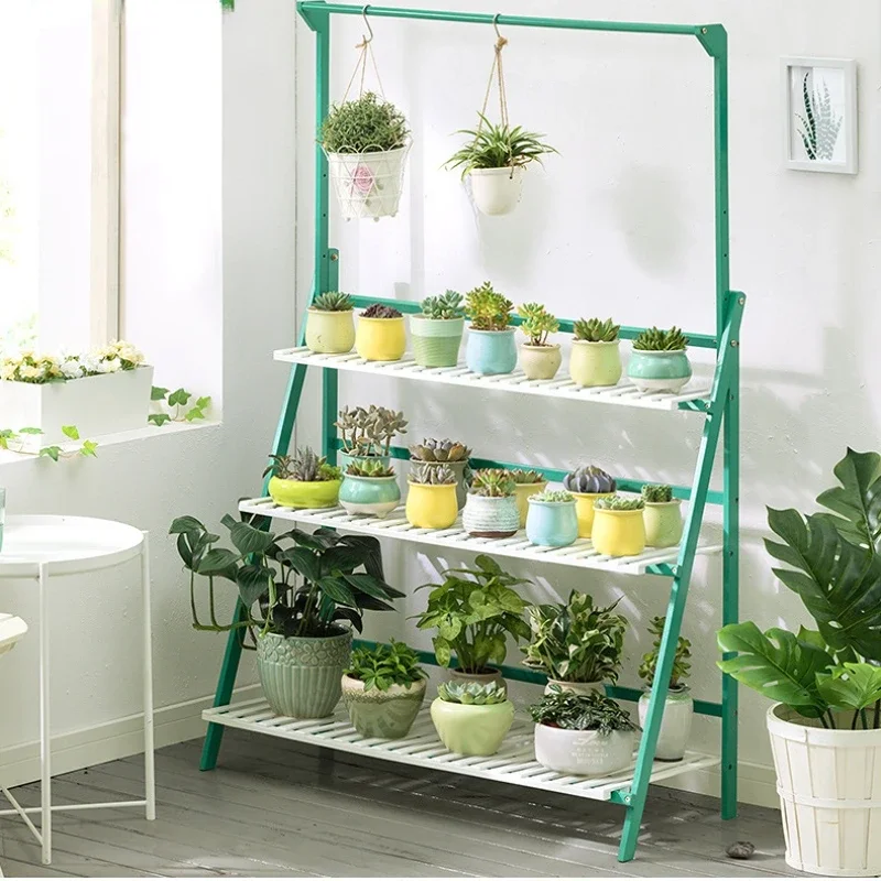 Plant Stand Storage Shelf, 3-Tier Hanging Stand for Flowers, Folding Organizer Display Rack, Adjustable Hanger Rod, Bamboo