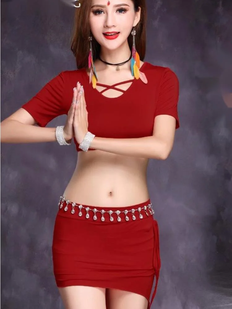 

Solid Color Dance Costume Women Belly Dancer Latin Suit Short Sleeves Woman Adult Jazz Drawstring Wear Egyptian Arabic Skirt Set