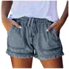 Jean Shorts for Women's Drawstring Elastic Waisted Casual Denim Shorts with Pocket Tassel Hem Soft Summer Trendy Jeans 4
