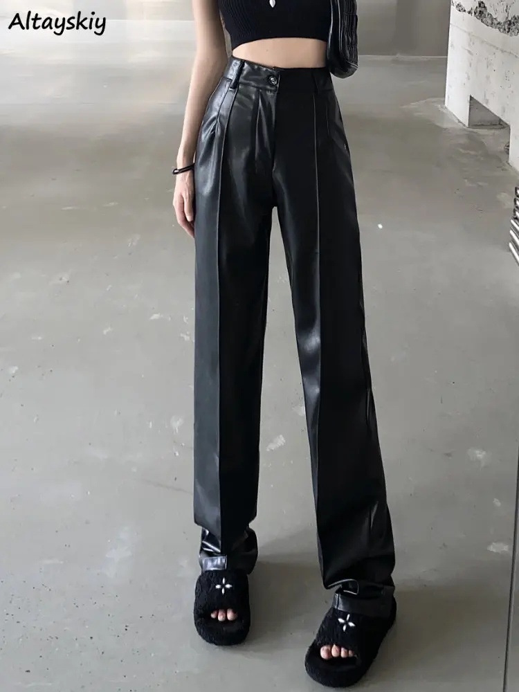 

PU Straight Pants Women High Waist Streetwear Long Simple Vintage Young All-match Fashion Ins Stylish Black Basic Trouser Gothic