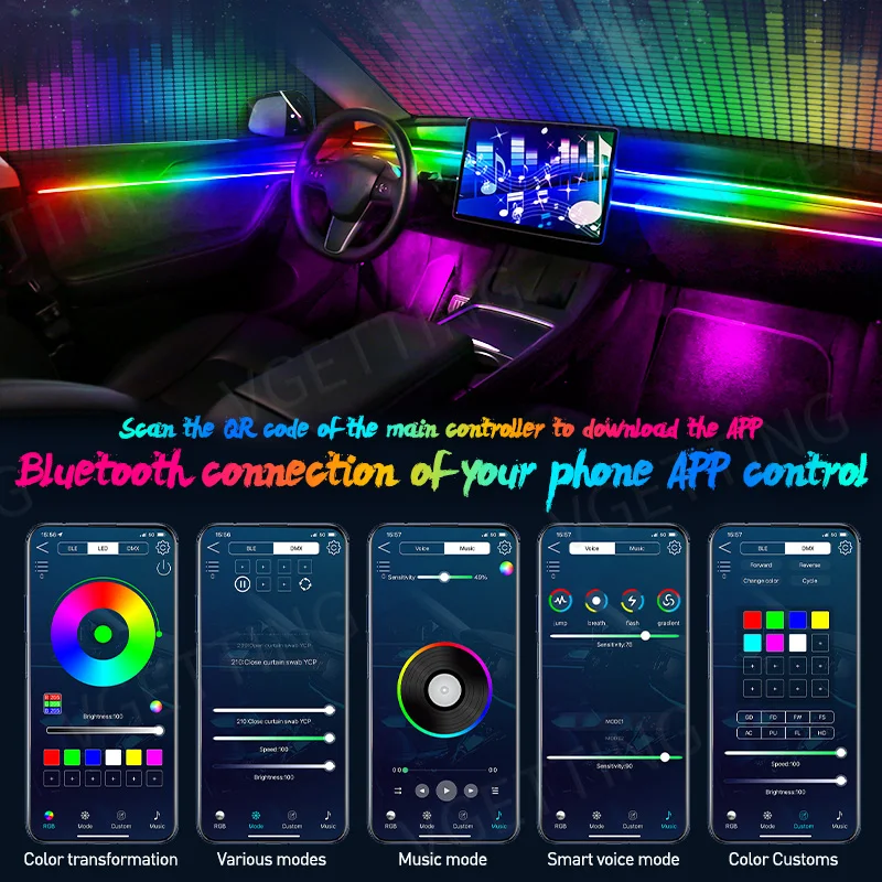 Full Color Streamer Auto Ambient Lights Rgb 64 Kleur Universele Led Interieur Verborgen Acryl Strip Symfonie Sfeer Lamp