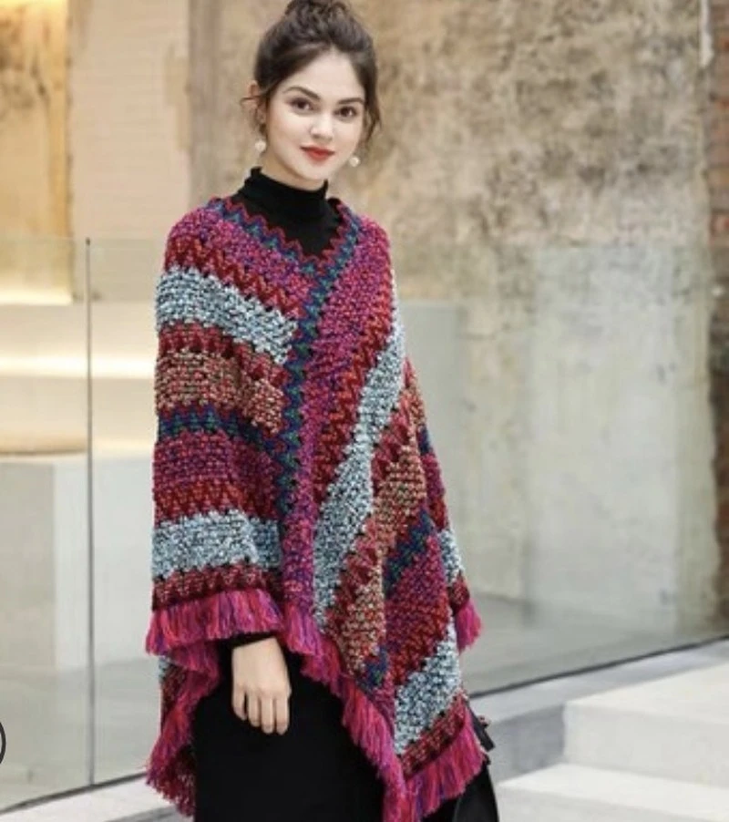 Ponchos de estilo étnico para mujer, capas largas y cálidas con borlas de  Mohair, de punto, colores combinados, ropa de calle, primavera y otoño| | -  AliExpress