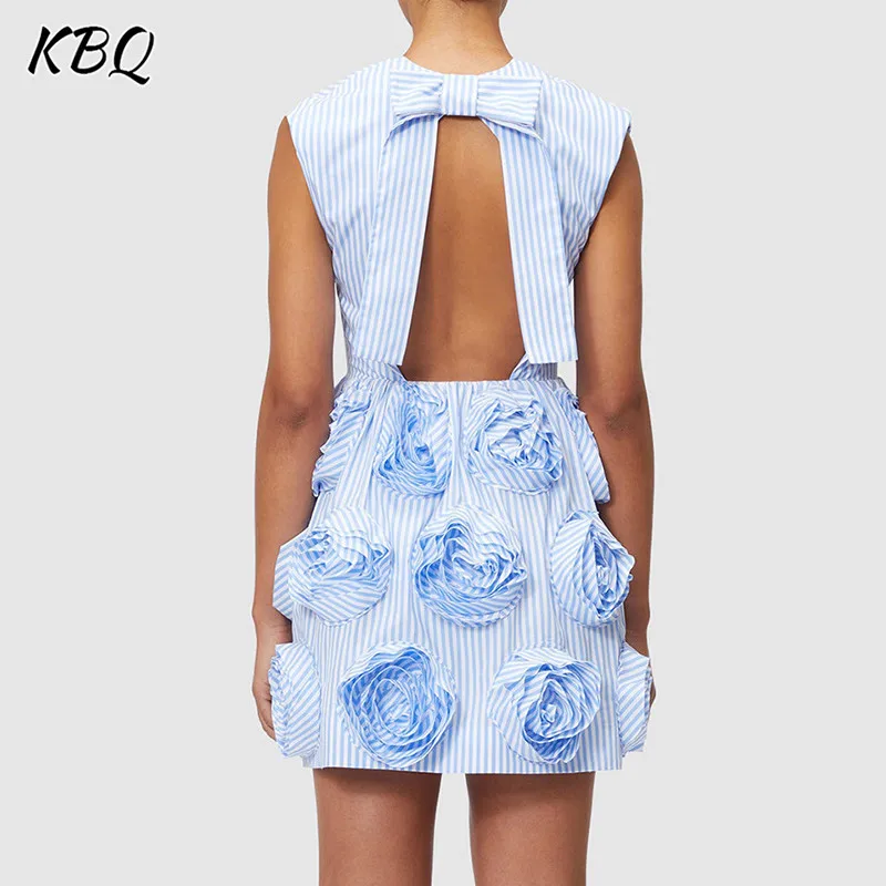 

KBQ Spliced Lace Up Backless Dress For Women Round Neck Sleeveless High Waist Patchwork Applique Elegant Dresses Female Fashion