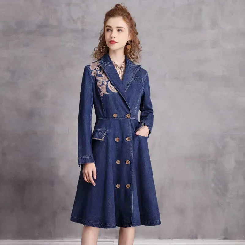 

2022 Spring Autumn Women High Waisted Double Breasted Embroidery Blue Denim Dress , Woman Casual New Vintage Dresses