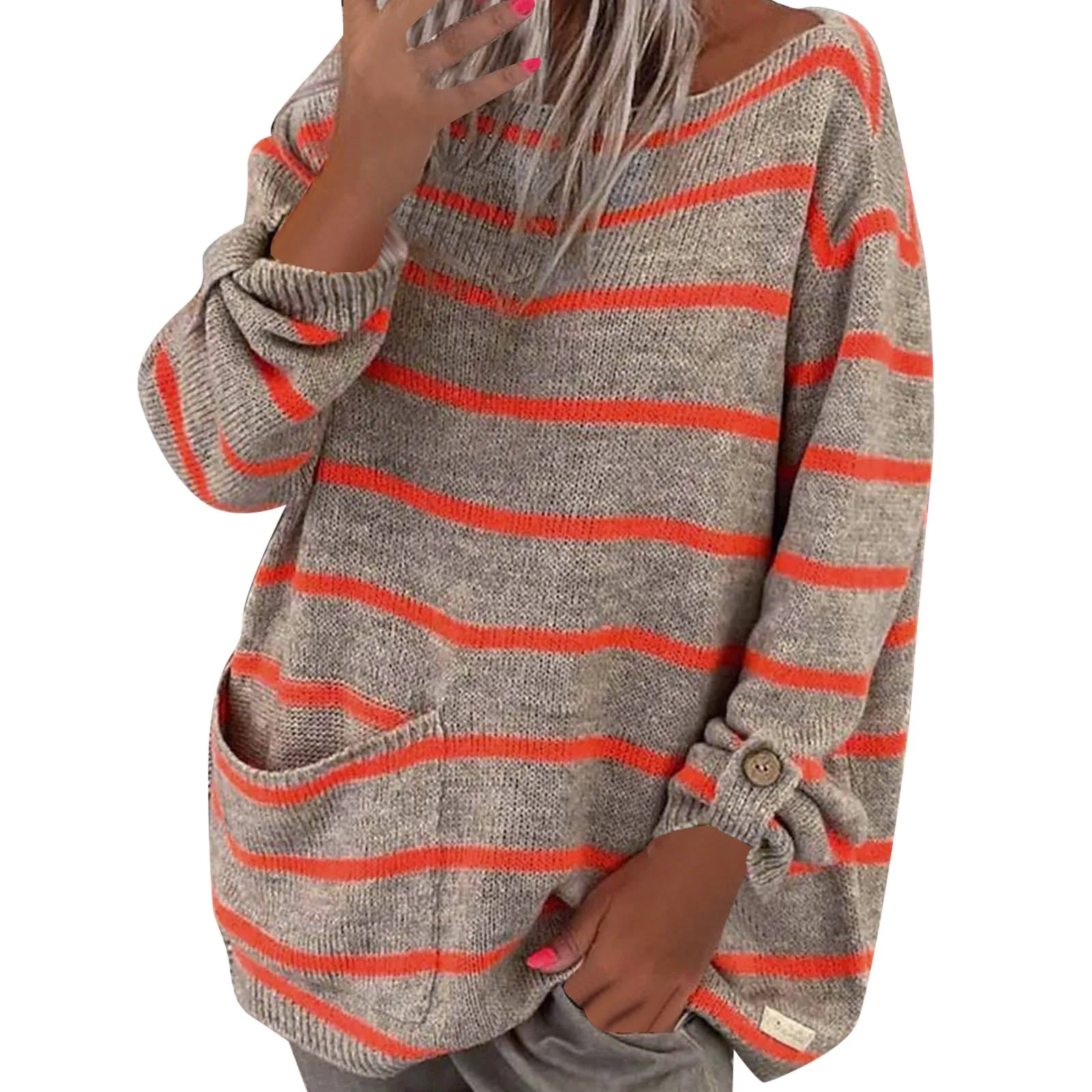 

Solid Color Contrast Stripe Pullover Round Neck Loose Sweater For Women Good Sweat