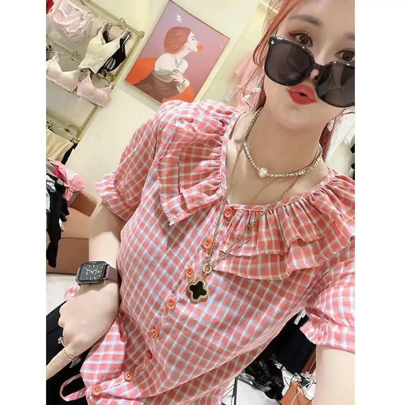 Sweet Peter Pan Collar Bandage Plaid Butterfly Sleeve Blouses Female Clothing 2024 Summer New Loose All-match Tops Casual Shirts
