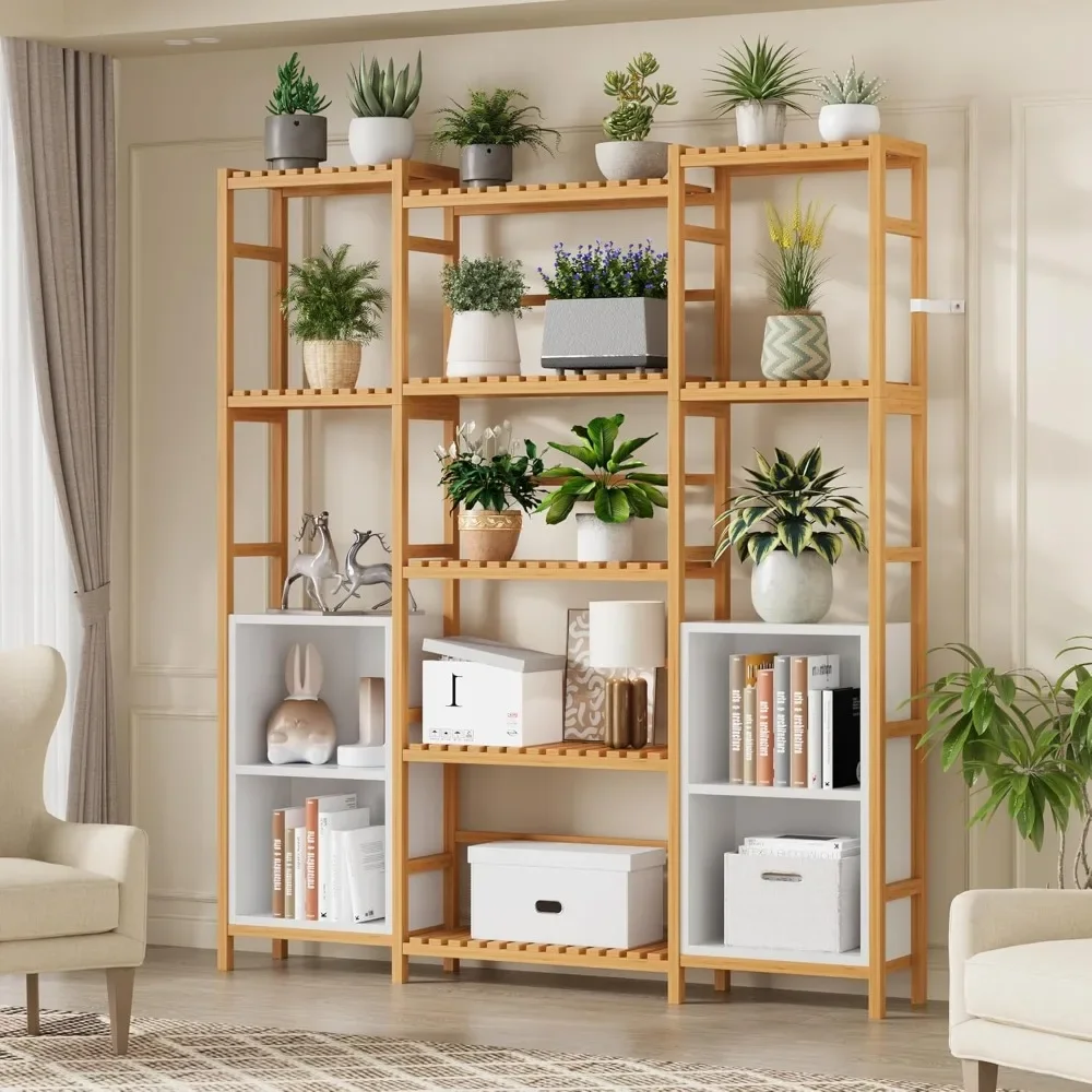Bamboo Shelf Bookcase, Triple Wide Bookshelf with 4 Cubes & 9 Shelves, Large Bookshelf with Storage, Plant Shelf Bathroom Shelf 3