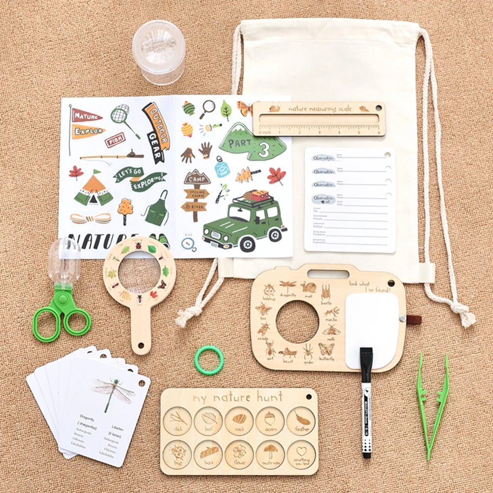 Kinder Outdoor Exploration Spielzeug Set Lupe Holz Aufnahme Board Pflanze & Insekten Biologie Karten Lernspielzeug Baby Geschenk – Detail 18