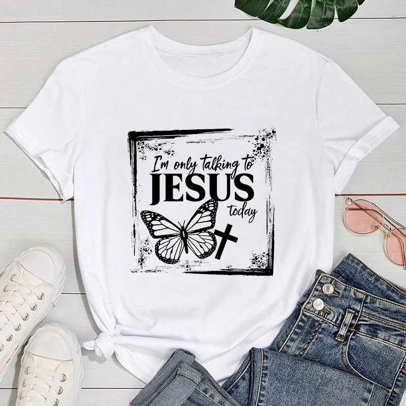 

(Premium T-shirt)I'M Only Talking To Jesus Today Letter Printed Women T-Shirts I'M Only Talking To Jesus Today Short Sleeve