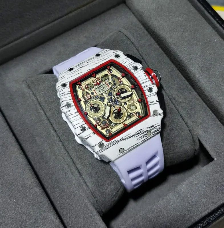 6-pin Richard men's high quality diamond quartz watch hollow glass back stainless steel case watch black rubber