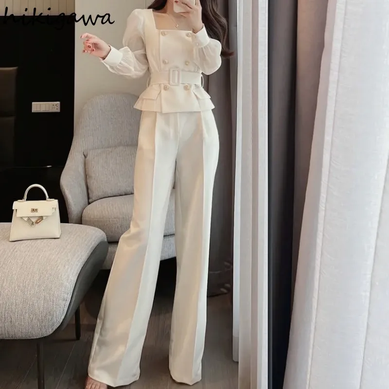 بدلة نسائية مزدوجة الصدر عالية الخصر سترة علوية وس...