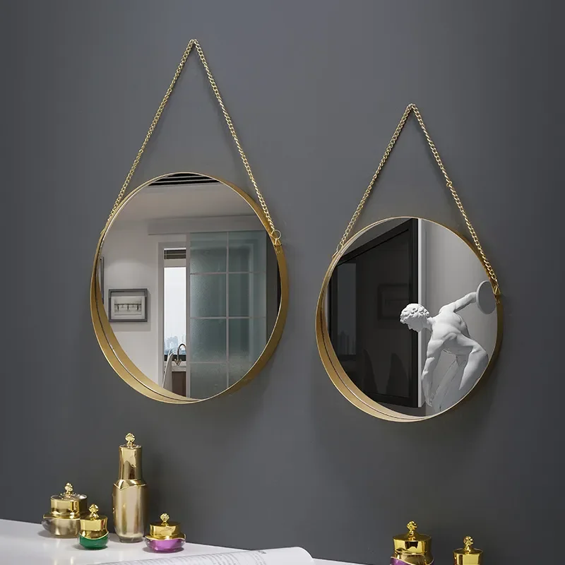 Round Decorative Glass Mirrors Home Decor Bathroom Vanity Chain Hexagon Wall Hanging Makeup Mirror Art Interior Home Decoration