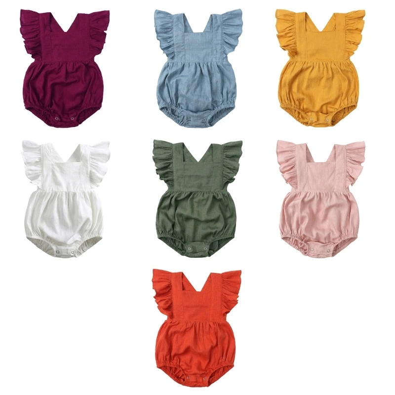 

Newborn Baby Girls Sleeveless Romper Summer Ruffle Bodysuit Cotton & Linen Infant Toddler Jumpsuit Solid Color Infant