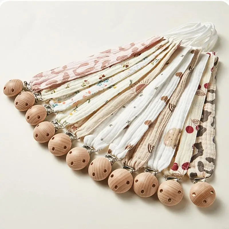 1pc New Print Cotton Gauze Baby Pacifier Clip Chain Safe Wooden Newborn Soother Nipple Holder Clips Anti-drop Pacifier Holder
