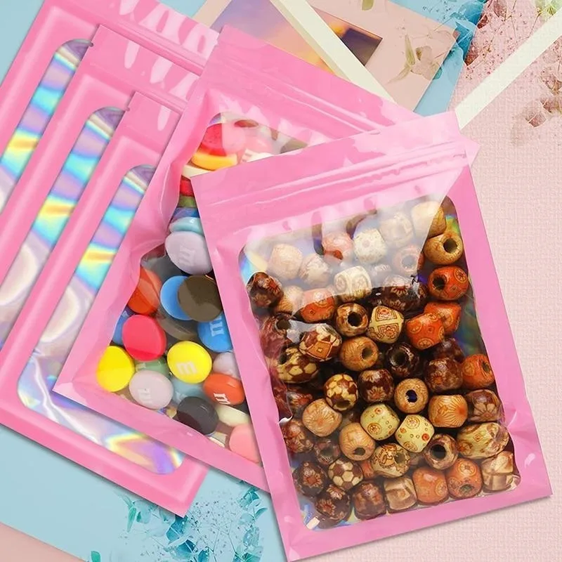 Bolsas de Mylar translúcidas a prueba de olores, bolsas de embalaje holográficas resellables con ventana transparente para alimentos, 50 piezas - Imagen 6