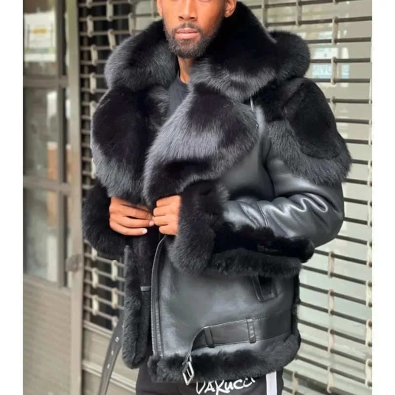 2023 Popular Black Large Fur Collar Hooded Thickened Plush Men's Leather Coat High end Fashion Coat