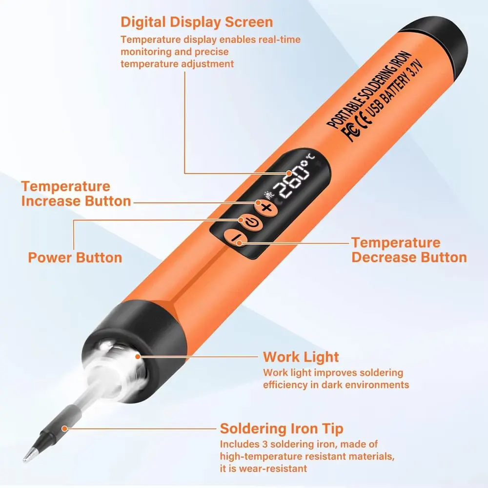 USB 휴대용 납땜 인두 세트, 전기 유지보수 및 DIY 프로젝트에 적합한 온도 조절 가능 용접건