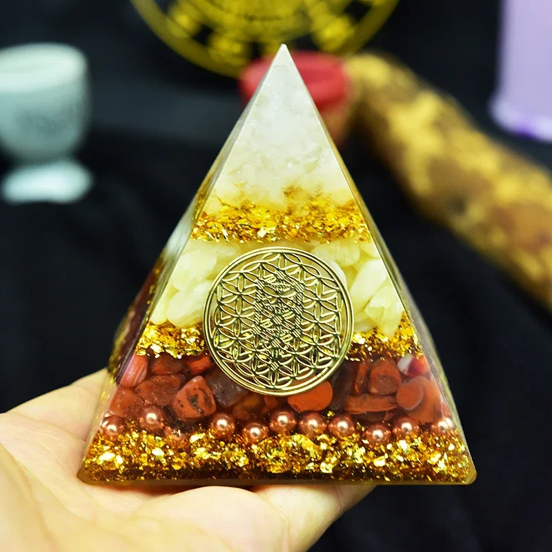 Natural Crystal Energy 8cm Orgone Pyramid Crystal Epoxy Orgonite Red Agate Jade Resin Crafts Chakras Jewelry Home Decoration v face 4 roller solar energy design face slimming beauty lifting bar for home ues