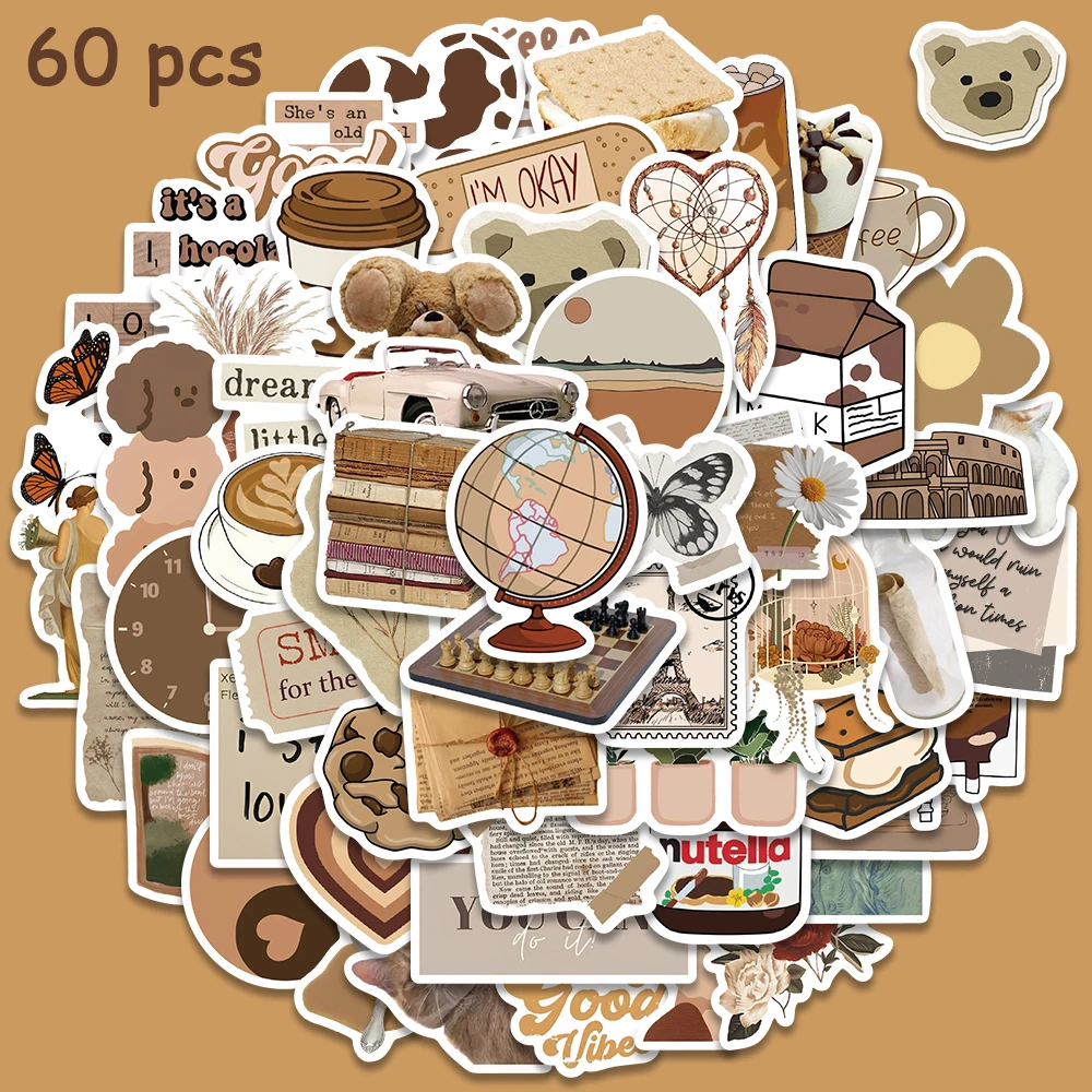 60pcs Bohemian Brown Article Stickers Aesthetic Decals For Laptop Guitar Luggage Scrapbook Fridge Stationery Stickers Kid Toy
