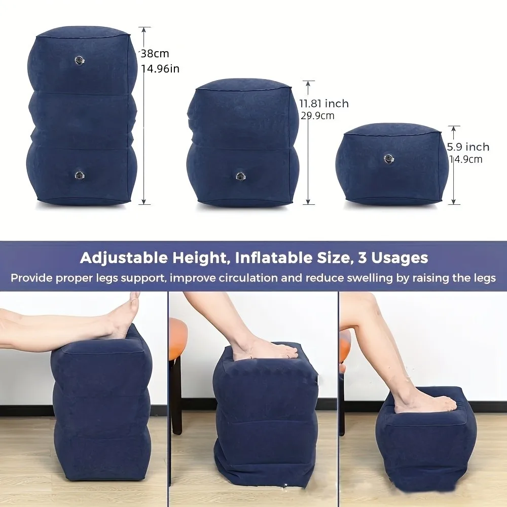 Airplane Foot Rest Travel Foot Rest Pillow Inflatable Travel Foot Rest for Airplanes Adjustable Height 3-Layer Ergonomic Folding 4