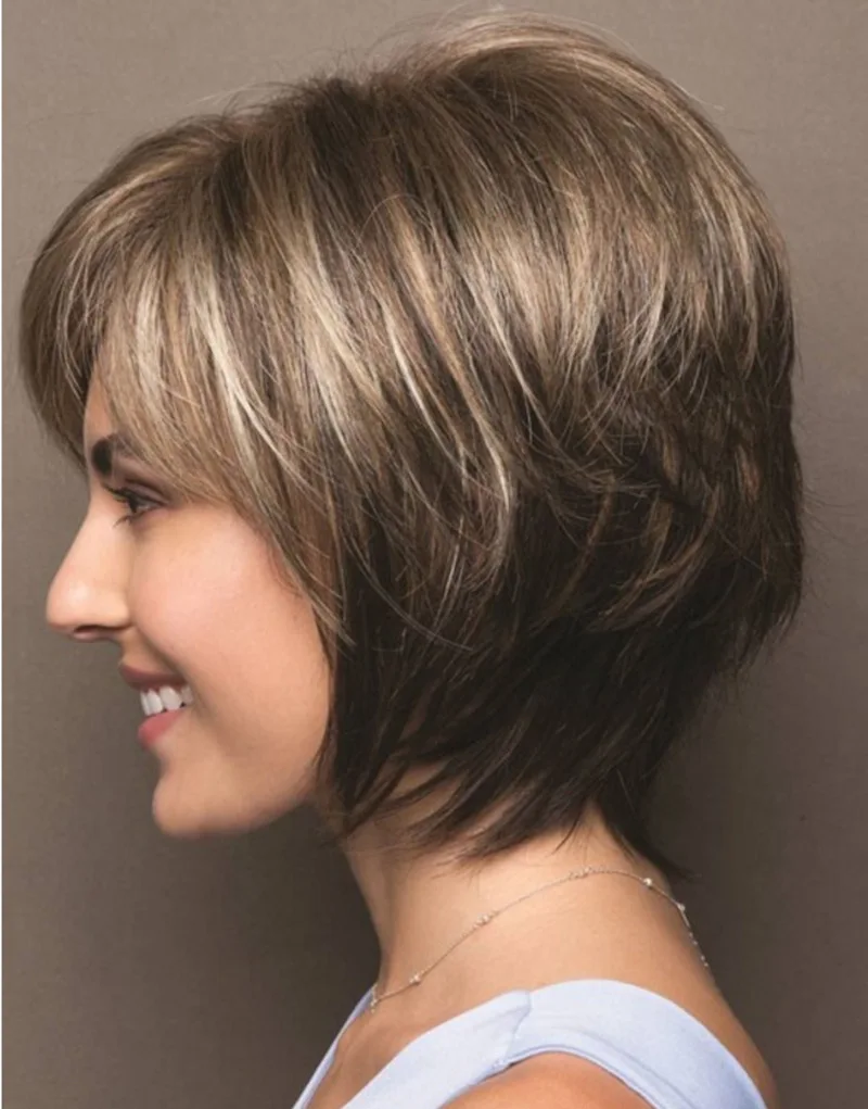 Parrucche per capelli corti con frangia Parrucca taglio pixie biondo misto marrone scuro per parrucche diritte in fibra sintetica da donna - immagine 2