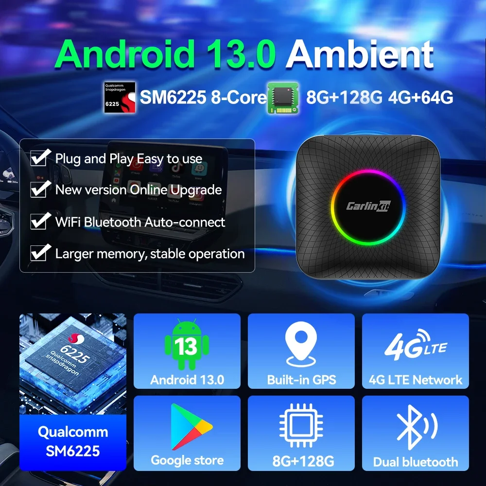 CarlinKit ȵ̵ ڵ AI ڽ ÷ , ȵ̵ 13.0 TV ڽ,  ø, GPS, SIM ī, ī÷ AI ڽ,  , 3 in 1