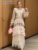 CHICEVER Patchwork Mesh Dresses For Women Round Neck Long Sleeve High Waist Spliced Embroidery Tirred Ruffles Maxi Dress Female